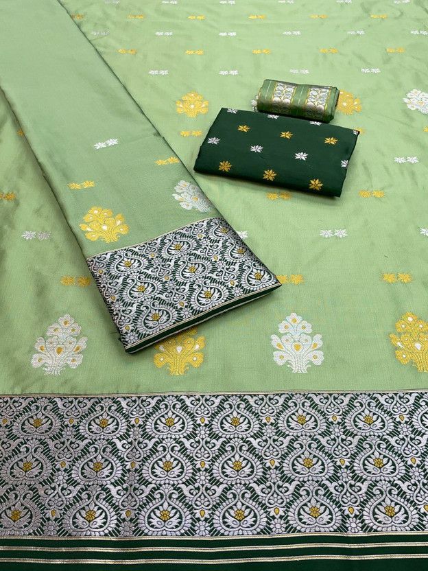 Woven Mekhela Chador Silk Blend Saree  (Green, Light Green)