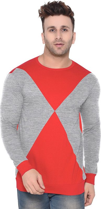 Men Colorblock Round Neck Cotton Blend Red, Grey T-Shirt