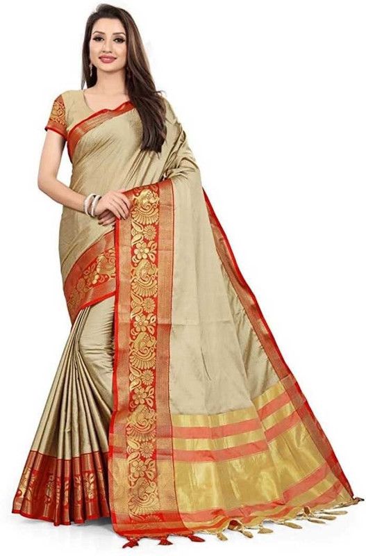 Solid/Plain Bollywood Jacquard Saree  (Cream)