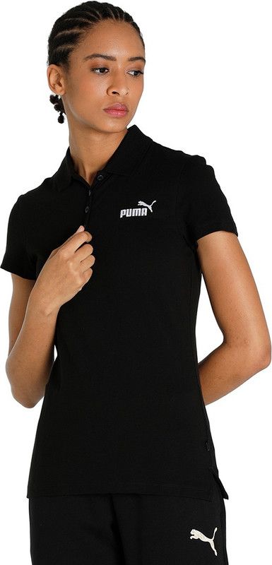 Essentials Polo Women Printed Polo Neck Cotton Blend Black T-Shirt