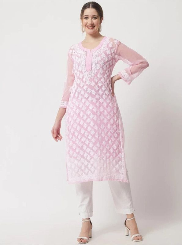 Women Chikan Embroidery Georgette Straight Kurta  (Purple)