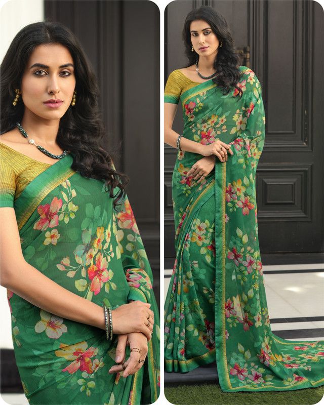 Daily Wear Georgette, Chiffon Saree  (Green)