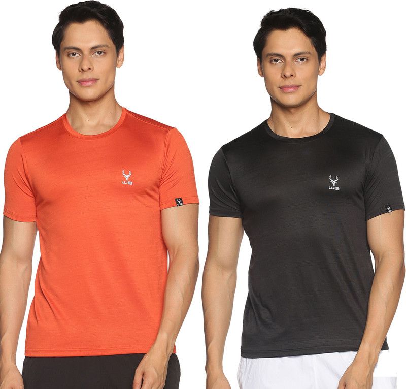 Pack of 2 Men Printed Round Neck Polyester Black, Orange T-Shirt