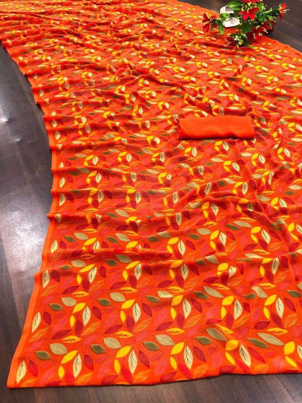 Digital Print, Floral Print, Self Design, Woven Daily Wear Georgette, Pure Silk Saree  (Orange, Yellow)
