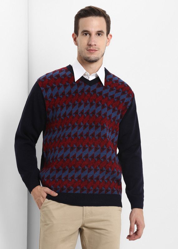 Men Self Design V Neck Dark Blue Sweater