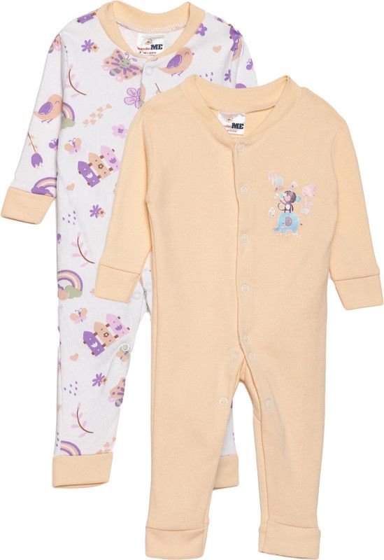 Romper For Baby Boys & Baby Girls Casual Floral Print Cotton Jersey  (Beige, Pack of 2)