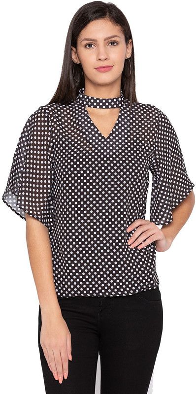 Casual Flutter Sleeves Printed Women Black Top