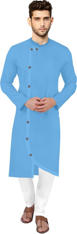 Men Solid Cotton Blend Asymmetric Kurta  (Light Blue)