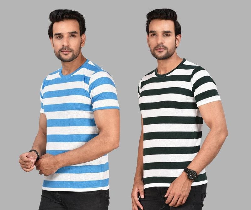 Pack of 2 Men Striped Round Neck Cotton Blend Green, Blue T-Shirt
