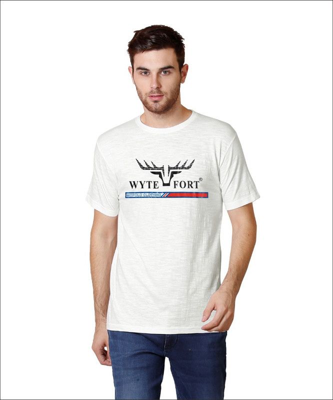 white fort logo apply Men Printed Round Neck Cotton Blend White T-Shirt