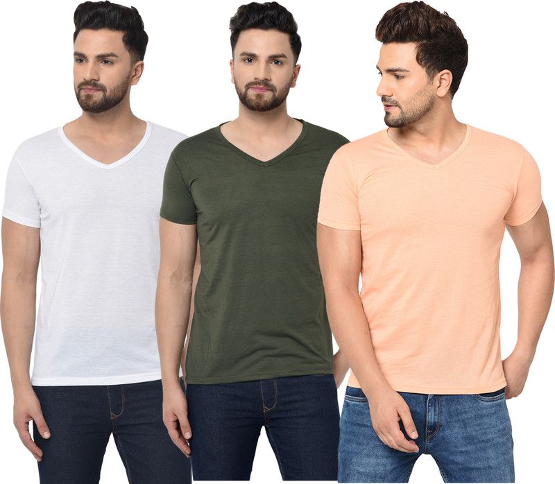 Pack of 3 V neck Combo T-shirts Multicolor Men Solid V Neck Cotton Blend Dark Green, Grey, Beige T-Shirt