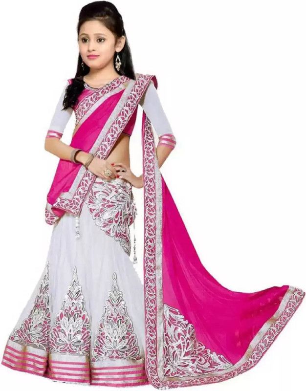 Girls Lehenga Choli Ethnic Wear Embroidered Ghagra, Choli, Dupatta Set  (White, Pack of 1)