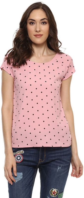 Casual Cap Sleeves Polka Print Women Pink Top