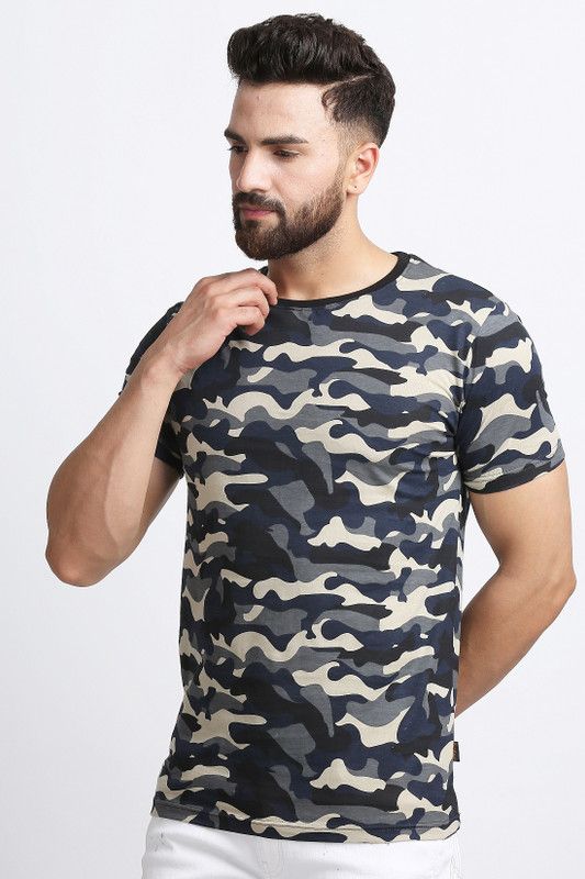 Men Military Camouflage Round Neck Pure Cotton Multicolor T-Shirt