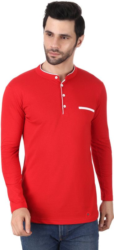 Men Solid Mandarin Collar Poly Cotton Red T-Shirt