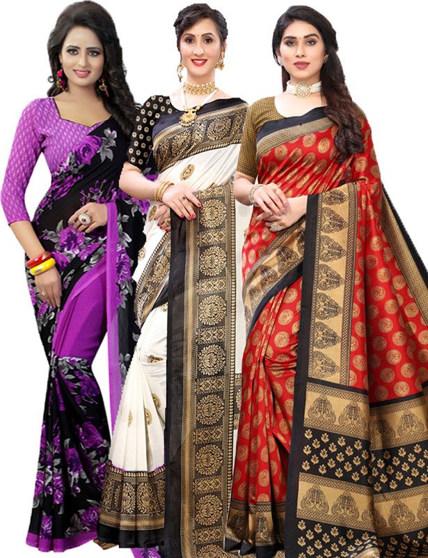 Printed Bollywood Georgette Saree  (Pack of 3, Purple, Black, Red)