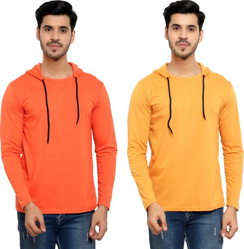 Pack of 2 Men Solid Hooded Neck Cotton Blend Gold, Orange T-Shirt