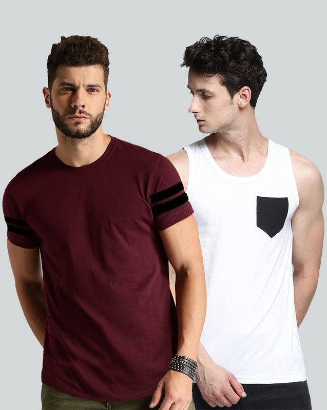 Pack of 2 Men Solid Round Neck Pure Cotton White, Maroon T-Shirt