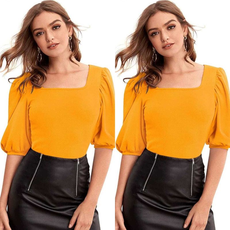 Pack of 2 Casual Puff Sleeves Solid Women Yellow Top