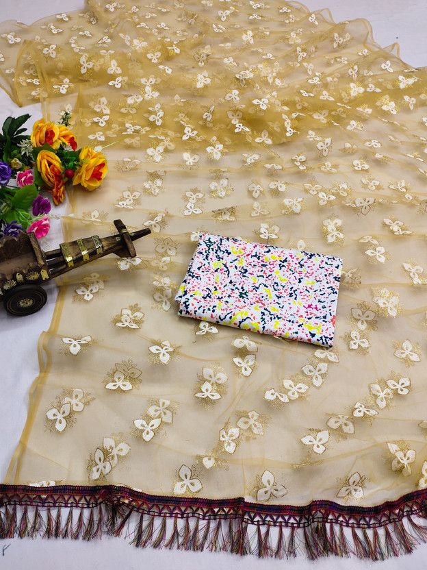 Floral Print Bollywood Net Saree  (Gold)