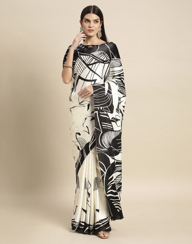 Printed, Geometric Print, Digital Print Daily Wear Satin, Silk Blend Saree  (White)