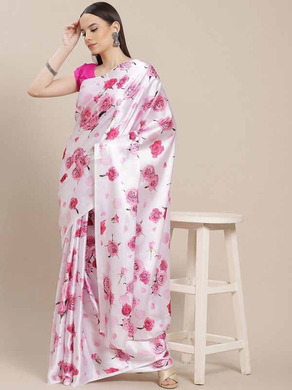 Digital Print Bollywood Silk Blend Saree  (White)