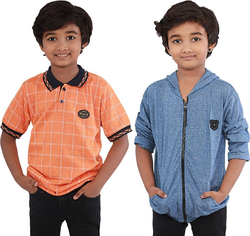 Boys Checkered, Self Design Cotton Blend T Shirt  (Multicolor, Pack of 2)