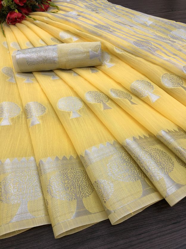 Woven Banarasi Jacquard, Cotton Silk Saree  (Silver, Yellow)