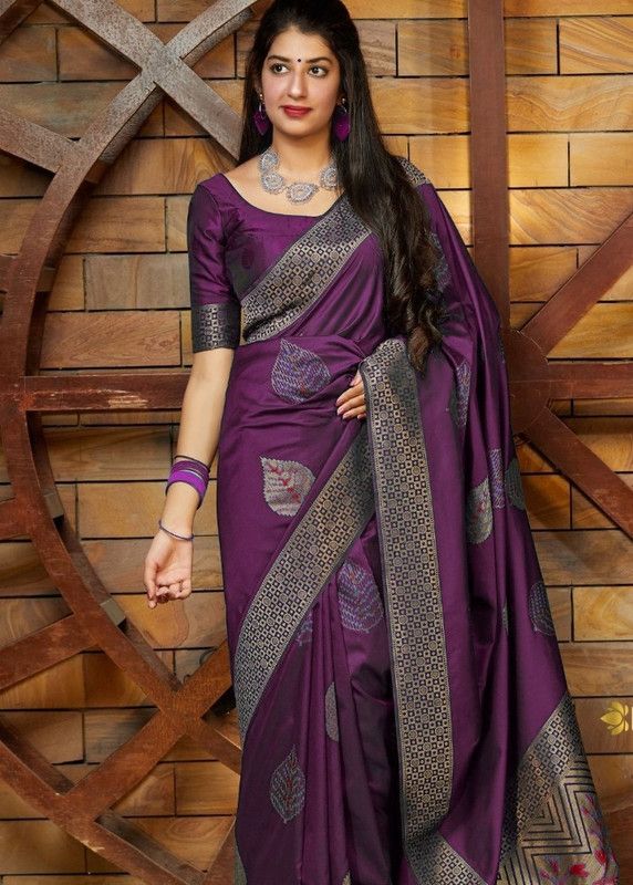 Temple Border Kanjivaram Pure Silk Saree  (Purple)