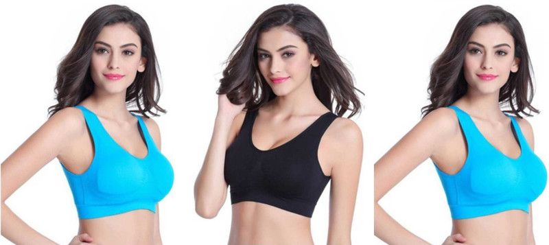 Pack of 3 Women Sports Non Padded Bra  (Blue, Black, Blue)
