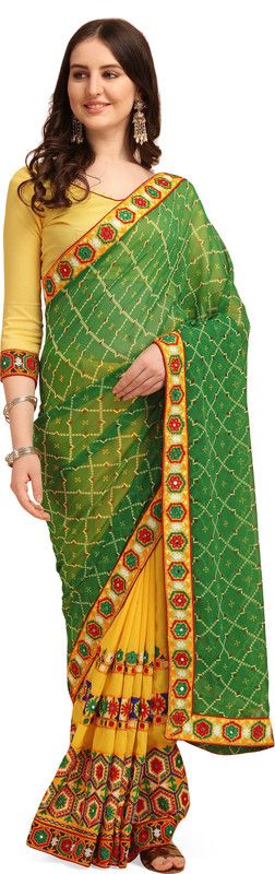 Self Design Bandhani Georgette Saree  (Green, Yellow)