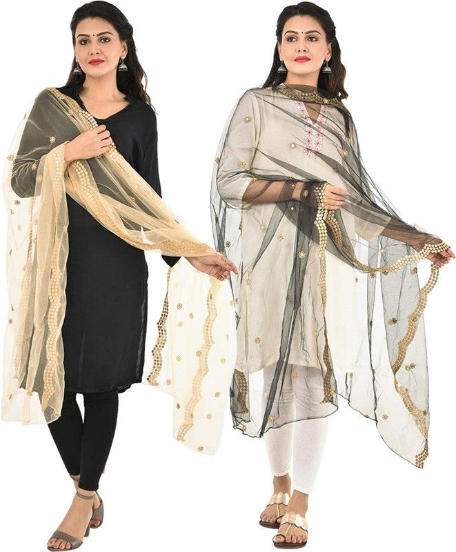 Net Embroidered Beige, Black Women Dupatta