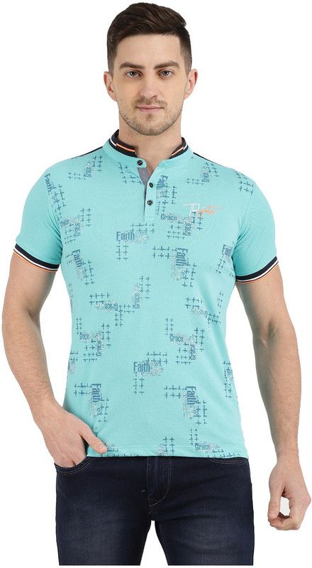Men Printed Mandarin Collar Pure Cotton Blue T-Shirt