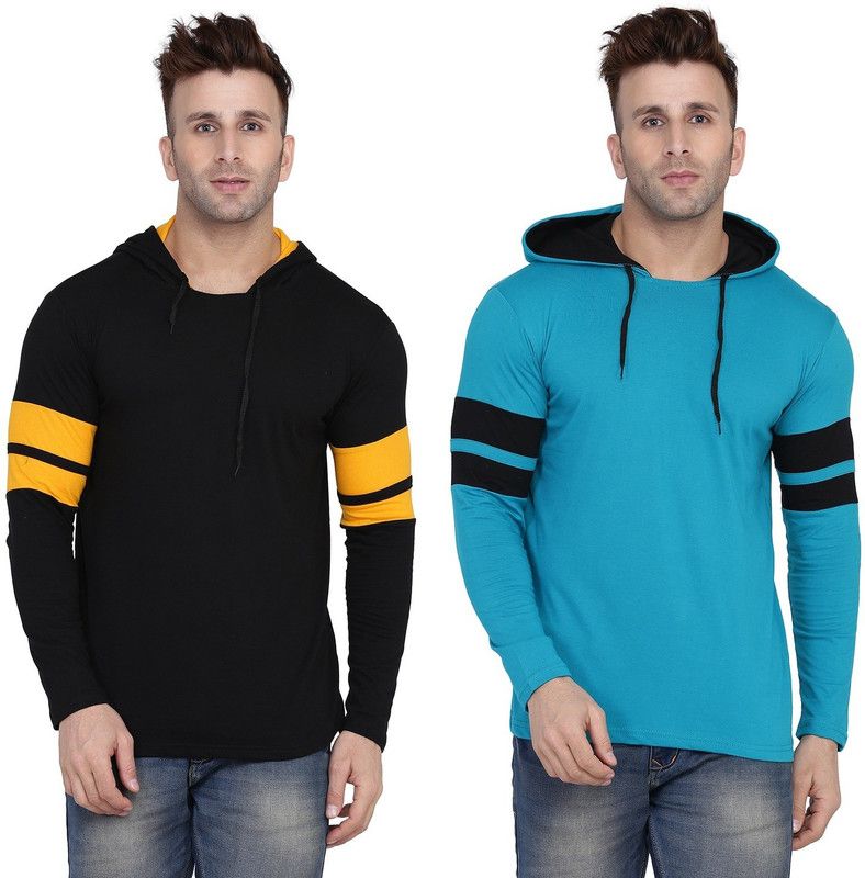 Pack of 2 Faizaan Men Solid Hooded Neck Cotton Blend Blue, Black T-Shirt
