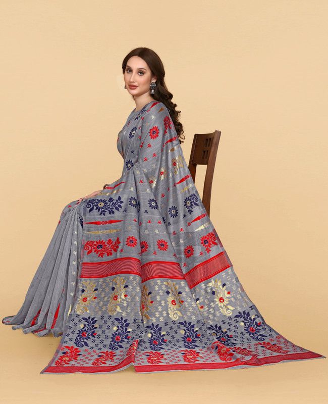 Jamdani Cotton Linen Saree  (Grey, Red)