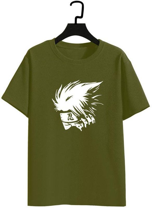 Kakashi-HF1-OL-L Men Printed Round Neck Pure Cotton Dark Green T-Shirt