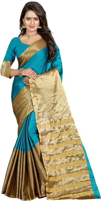 Woven Chanderi Art Silk Saree  (Dark Green, Beige)