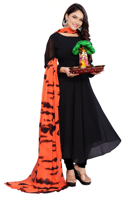 Solid Georgette Stitched Anarkali Gown  (Orange)