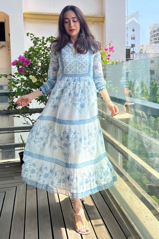 Women Floral Print, Printed Pure Cotton Anarkali Kurta  (White, Blue)