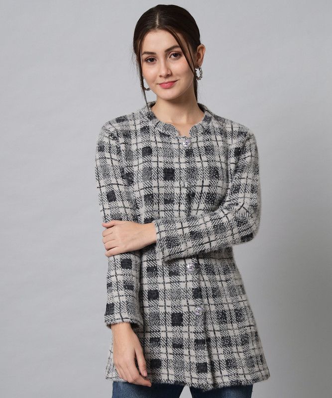 Women Checkered Collared Neck Grey Sweater