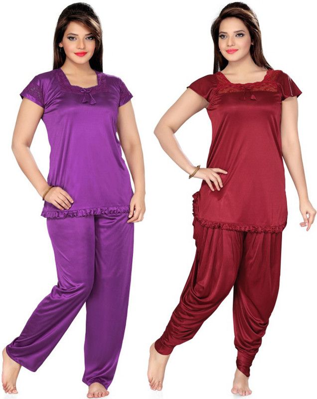 Women Solid Maroon, Blue Night Suit Set
