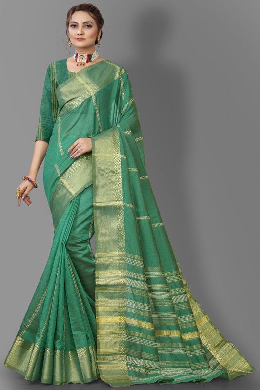 Self Design Banarasi Jacquard, Cotton Silk Saree  (Dark Green)