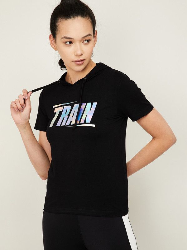Women Printed Hooded Neck Polyester Black T-Shirt