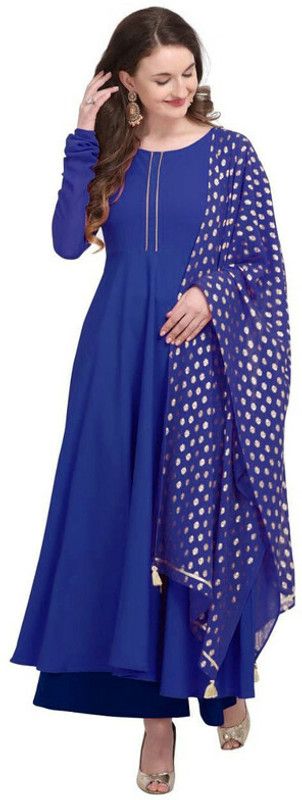 Women Self Design Crepe Flared Kurta  (Blue)