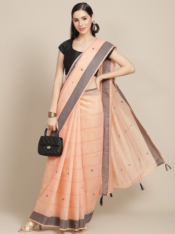 Embroidered Chanderi Cotton Blend Saree  (Black, Orange)
