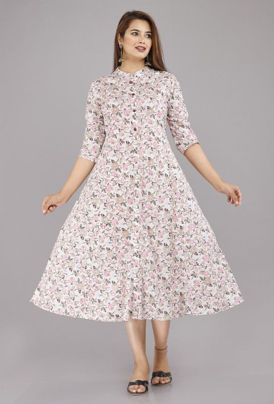 Women Floral Print Cotton Silk Flared Kurta  (White)