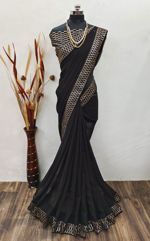 Embroidered Kasavu Georgette Saree  (Black)