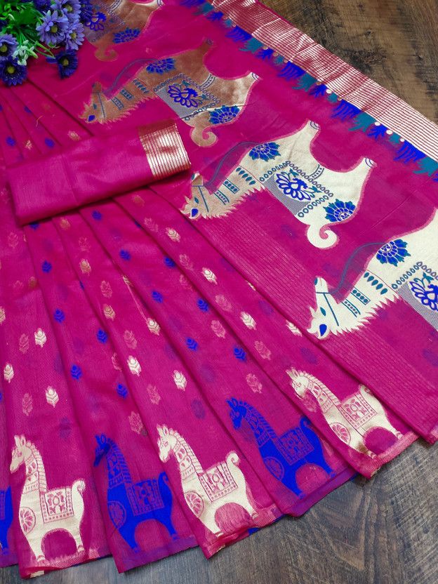 Animal Print Jamdani Pure Cotton Saree  (Multicolor)