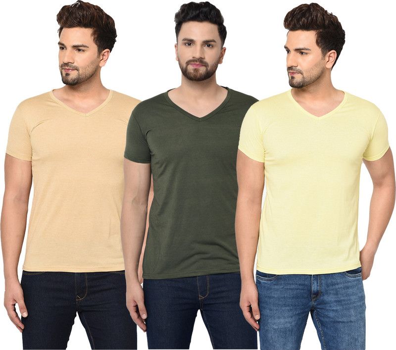 Pack of 3 V neck Combo T-shirts Men Solid V Neck Cotton Blend Green, Beige, Yellow T-Shirt
