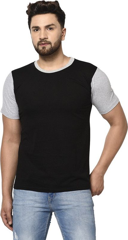 SOLID BLACK GREY Men Solid Round Neck Poly Cotton Black, Grey T-Shirt